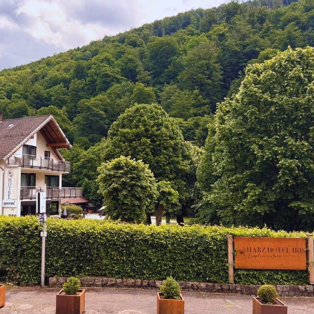 Iris Valley Lodge mit Holzschild am Eingang vor bewaldetem Berghang in Herzberg am Harz, kleines Hotel am Waldrand mitten in der Natur